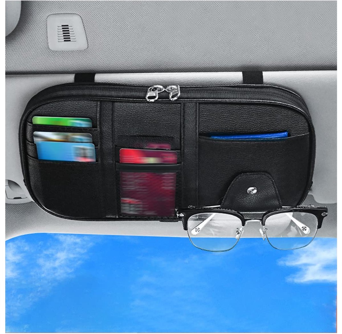 Dailygoods- Organizer voor Auto - Zwart PU-leer - Opbergtas voor Zonnebril - Organizer voor Mobiele Telefoon - Organizer voor Bankkaarten - Afmetingen 29 x 15 x 3 cm - Autovizier
