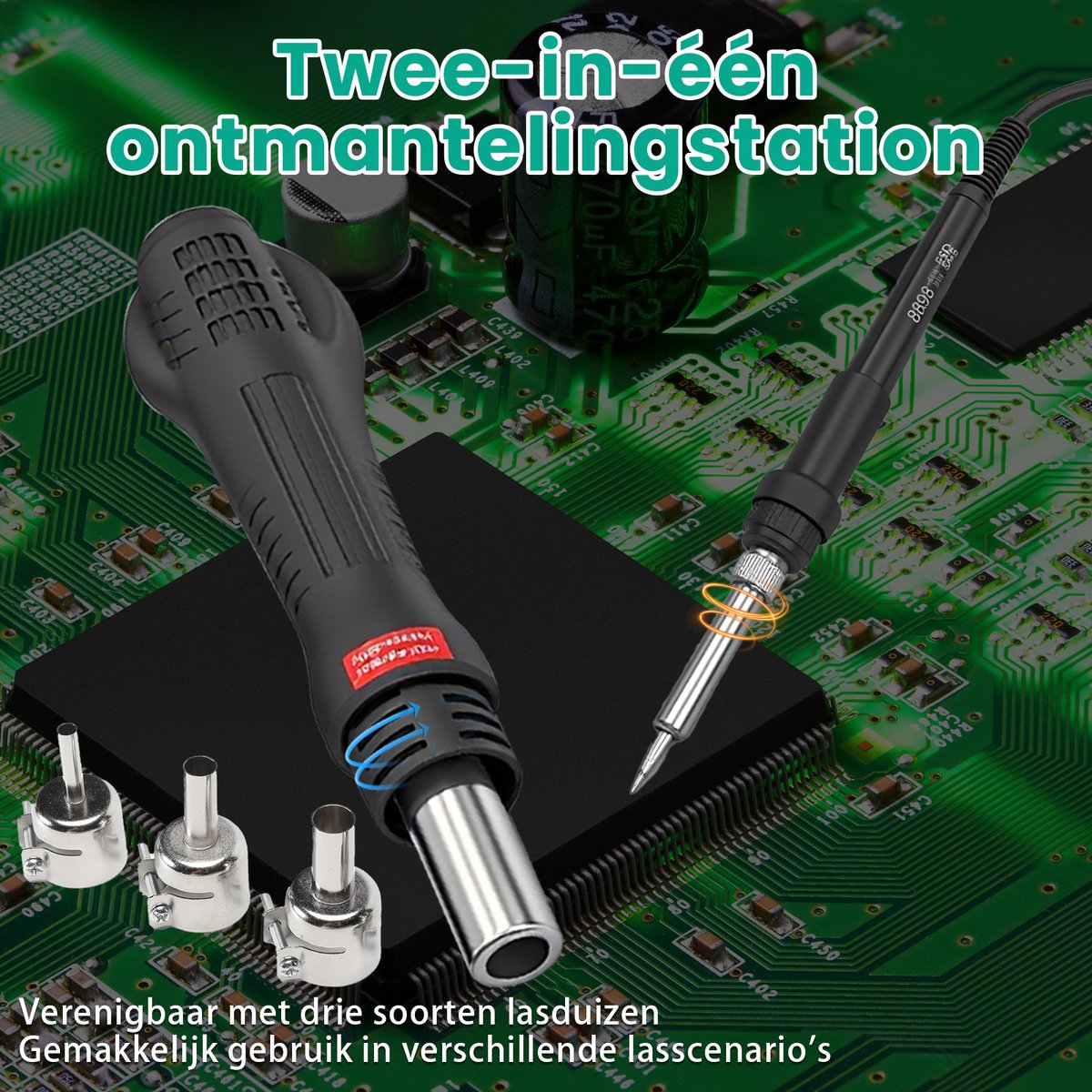 Hete Lucht Rework Station / Soldeerstation / 2-in-1 Desoldeerstation – 3 opzetstukken + standaard – Voor mobiele reparatie, elektronica, SMD, krimpkous, PCB – Professioneel hete luchtpistool + soldeerbout – Handleiding, EU-stekker, papieren doos – foto 3