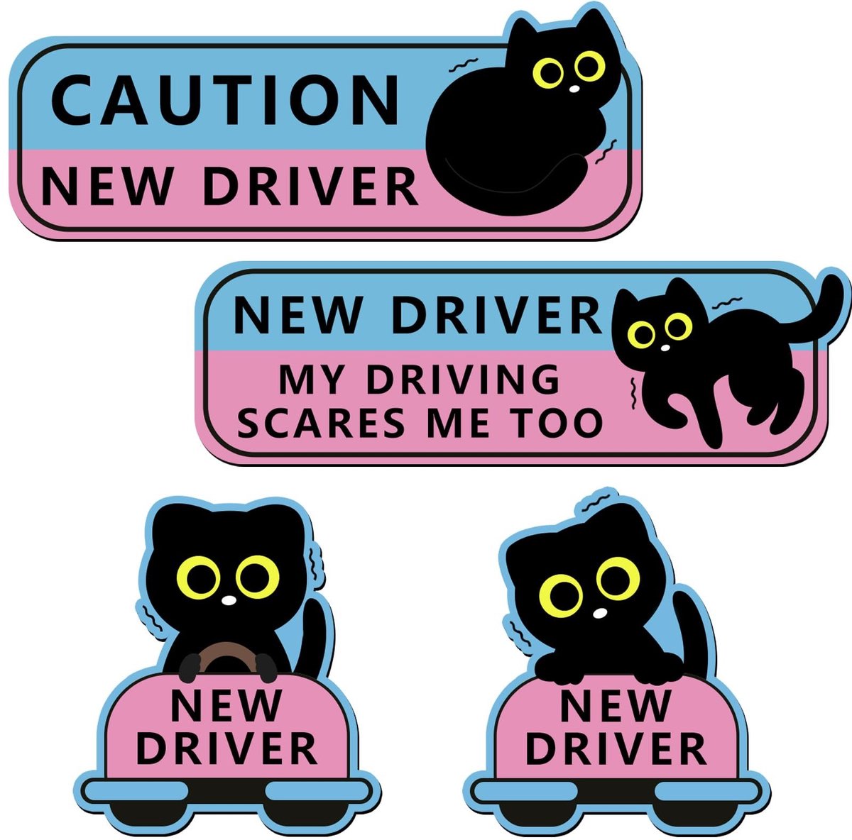 Dailygoods- Magneet Sticker Zwarte Kat - Set van 4 - Veiligheidsbord - Grappige Waarschuwing - Reflecterend - Voor Beginnende Bestuurders - Auto Sticker