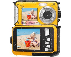 Onderwatercamera - 11FT Waterdichte Camera, Full HD 2,7K 48MP Autofocus Selfie Watercamera met Dubbel Scherm met Drijvende Riem, Vullicht Onderwatercamera voor Snorkelen (geel)
