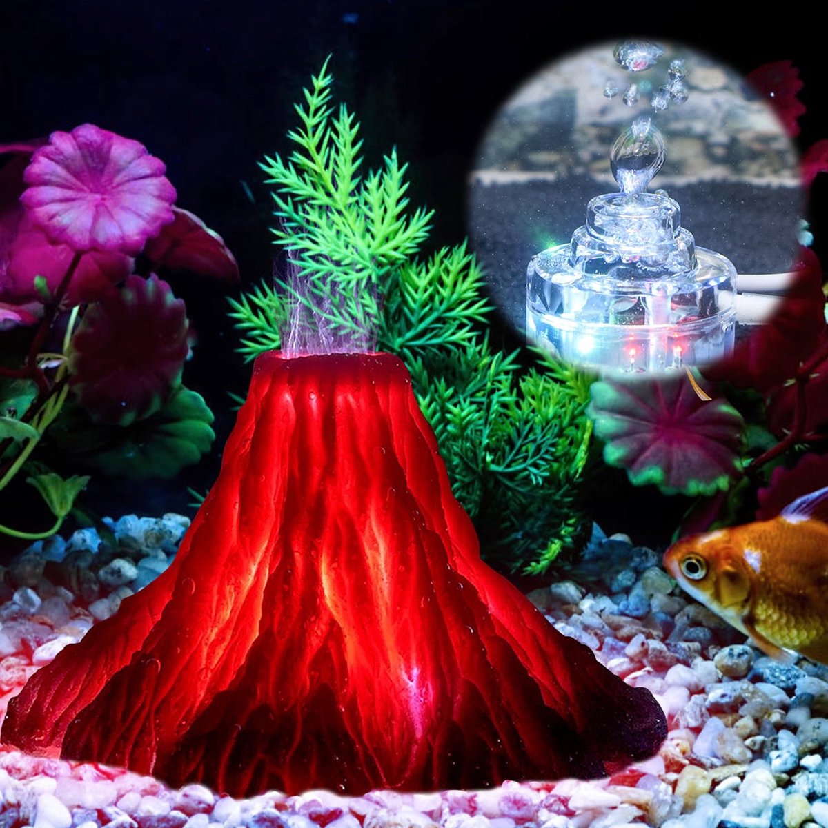 Dailygoods - Aquarium Vulkaan Ornament Kit - Kleurrijke LED Verlichting - Rood - Bubble Pomp - Aquarium Decoratie - Geschikt voor Garnalen Vissen Schi...