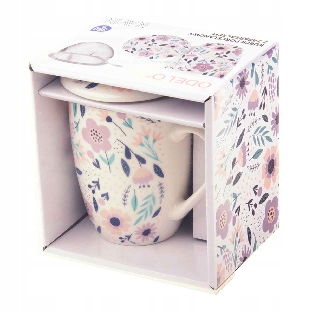 Porseleinen mok met bloemenprint, 360ml, inclusief thee-ei en deksel