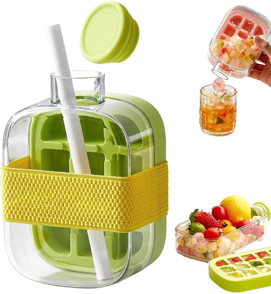 Ulisem - IJswaterfles - 500ml - 2-in-1 ijsblokjesmaker en drinkfles - Met perssysteem - Geen handcontact - Lekvrij deksel - Makkelijk schoon te maken - Bespaart ruimte - Voor thuis, kantoor en reis - BPA-vrij - Herbruikbaar - Groente