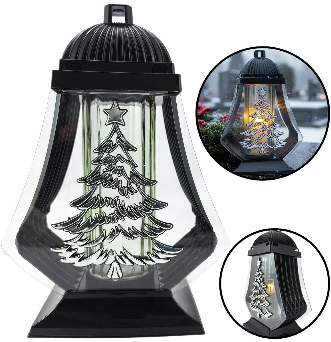 Grote Kerst Znicz Zilveren Kerstboom Zwart Glans 34cm
