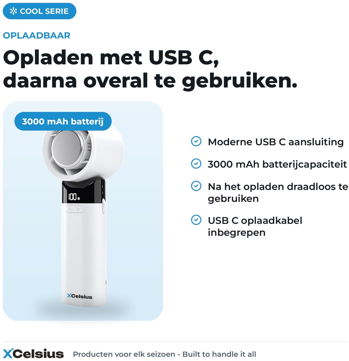 XCelsius® Handventilator - Draagbare Mini Ventilator Opvouwbaar - Oplaadbaar met USB-C - 0% tot 100% traploos instelbaar - Met Instant Koelplaat - Wit — afbeelding 9