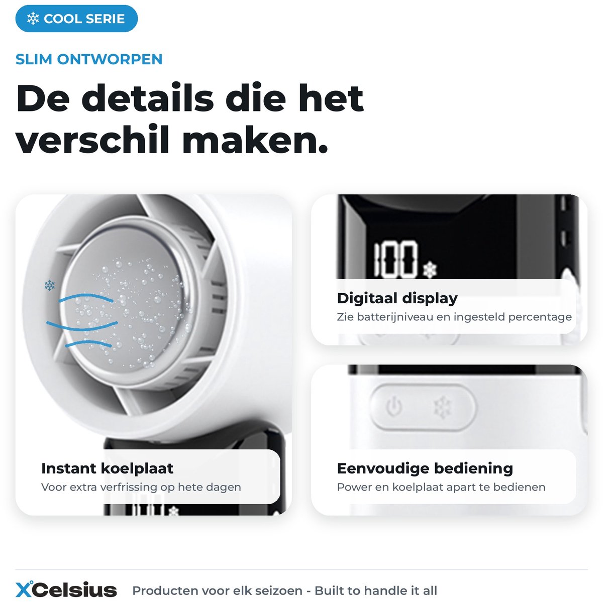 XCelsius® Handventilator - Draagbare Mini Ventilator Opvouwbaar - Oplaadbaar met USB-C - 0% tot 100% traploos instelbaar - Met Instant Koelplaat - Wit — afbeelding 3