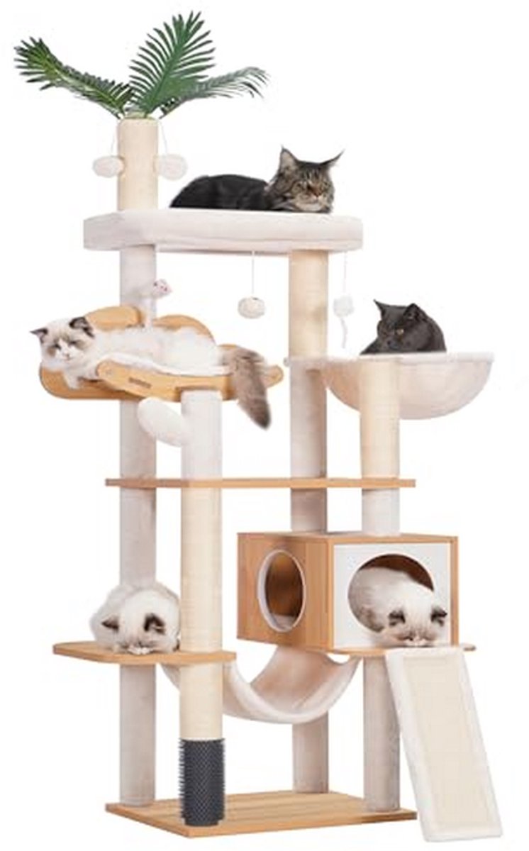 Houten Krabpaal - Kattenhuis - Katten Welzijn - Met Verzorgingsstation - 50x40x156 cm - Vintage Bruin