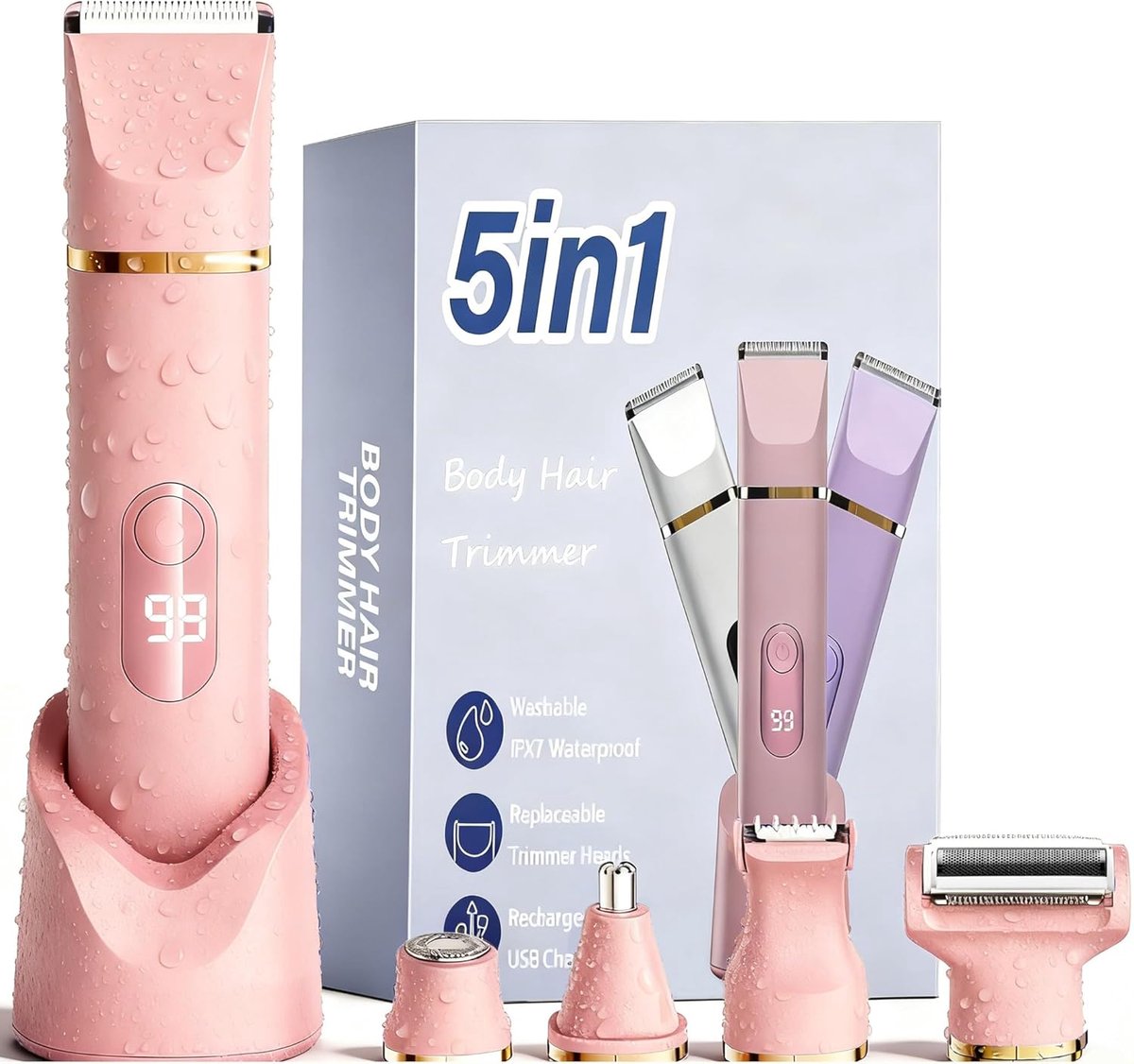 Damesscheerapparaat - Intiem trimmer - Lichaamsverzorging - 5-in-1 Systeem - Oplaadbaar - Roze