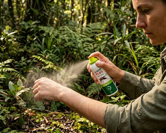 Vrouw spuit Care Plus Anti-Insect Family aerosol op haar arm in bosrijke omgeving. Witte bus, groene dop. Bevat afbeelding van mug en '6h'.