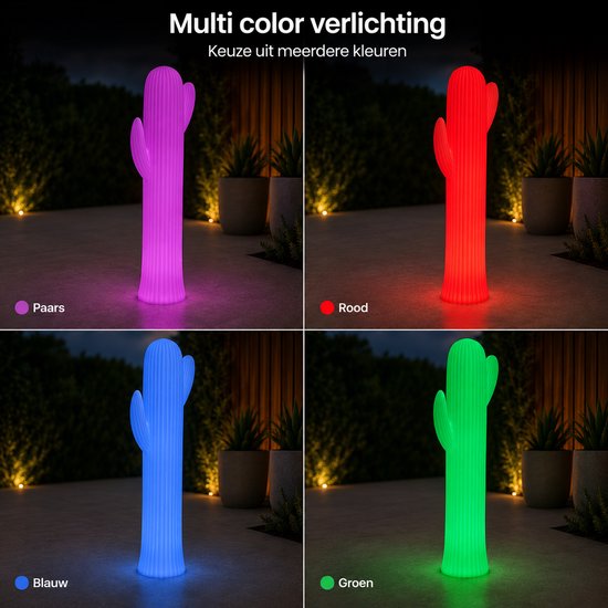 Vier lampen in cactusvorm, in de kleuren paars, rood, blauw en groen.