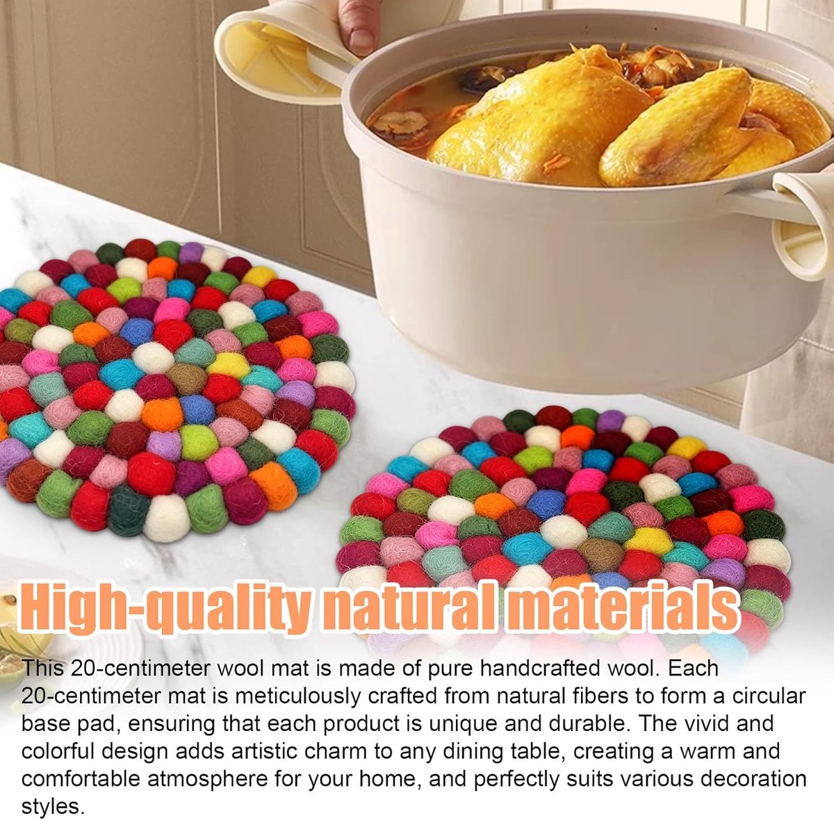 Set van 2 Vilten Onderzetters 20 cm - Kleurrijke Ronde Onderzetters van Wol - Tafelbeschermer voor Kopjes Potten en Handvaten — cadeau in Wonen & Interieur - foto 5