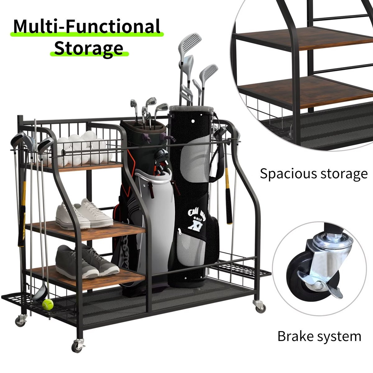CreateEcom golf opbergrek - golf accessoires - organizer rek met wieltjes - dubbele golftas standaard - multifunctioneel - 95 x 40 x 92 - zwart