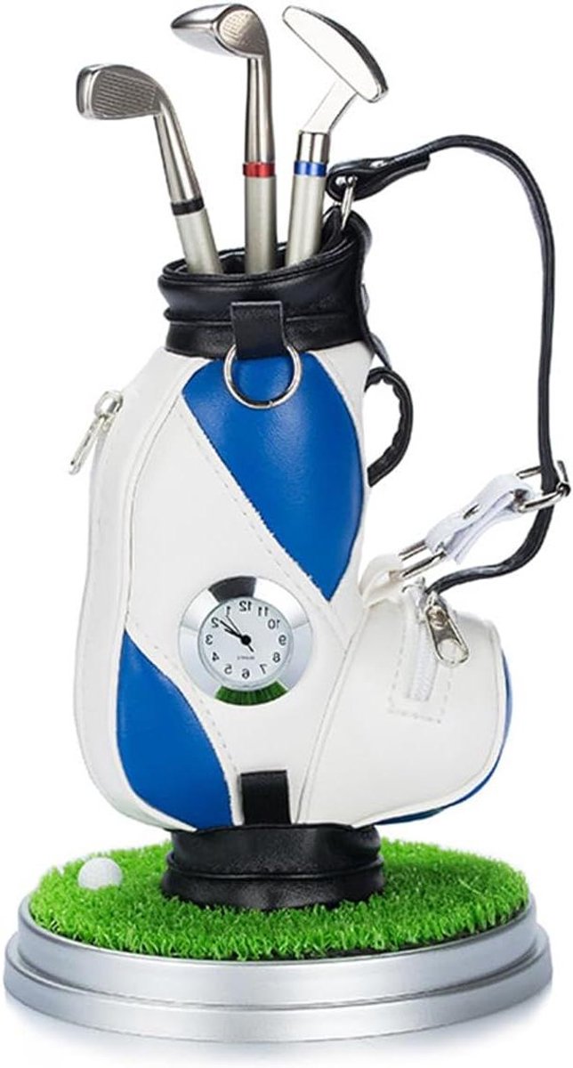 Golf tas pennenhouder - Mini golf caddy - Bureau decoratie - Met klok - 13 x 8 x 5 cm