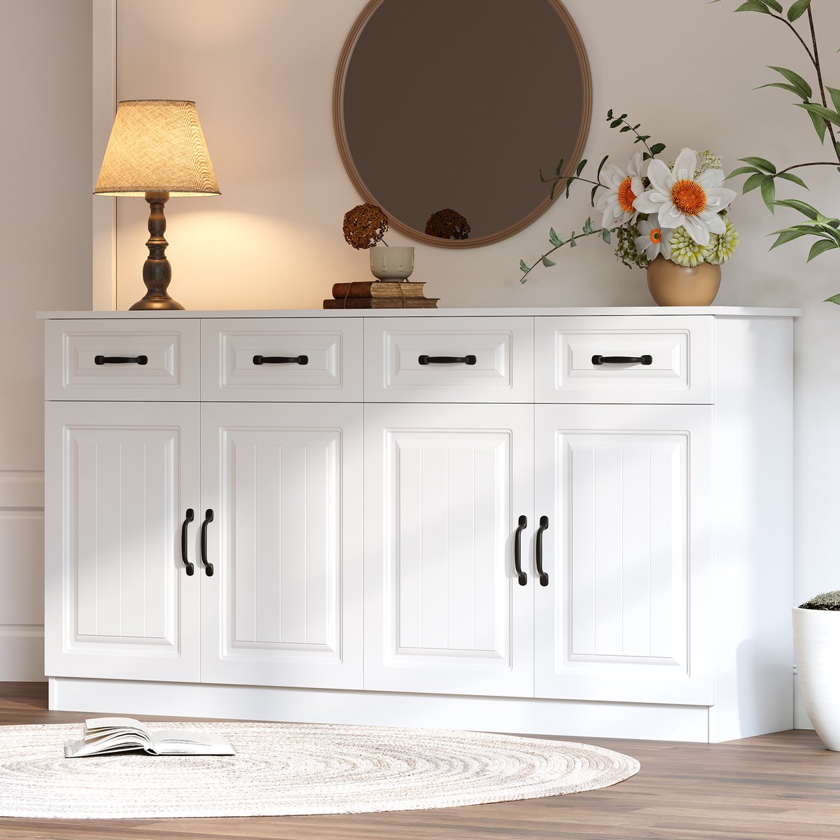 MODENUIT Dressoir - Opbergkast Met 4 Lades En 4 Deuren - Voor Woonkamer Keuken En Hal - MDF - 160x35x80 Cm Wit