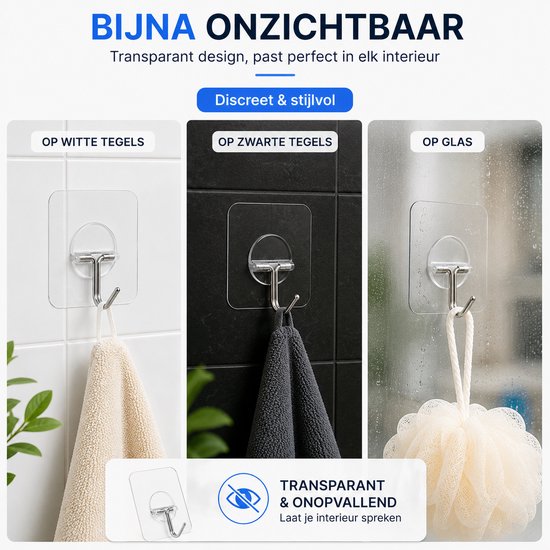 Transparante haakjes op witte tegels, zwarte tegels en glas. Een haakje met een beige handdoek, een met een donkergrijze handdoek, en een met een witte douchebal.