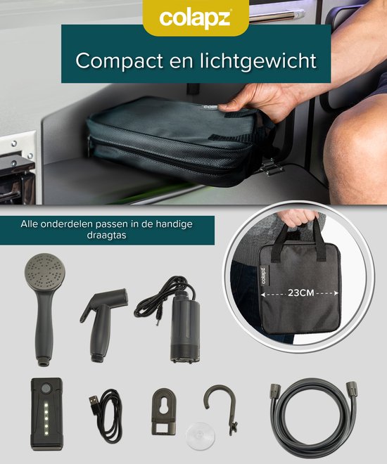 Colapz Campingdouche Premium USB Oplaadbaar - Draagbare Douche voor Hond, Festival & Camper - Met Douchekop, Sproeikop en Draagtas - Batterij tot 60 min Doucheplezier van Colapz — afbeelding 2