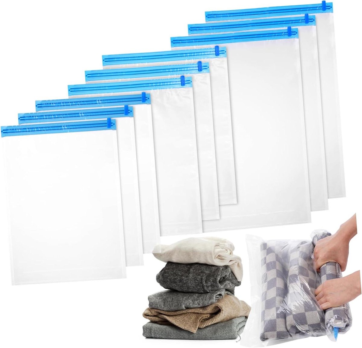 Vacuümzakken Set - Compressiezakken Kleding - Ruimte Besparen - Handmatig Op te Rollen - 9 Stuks - Gekleurd