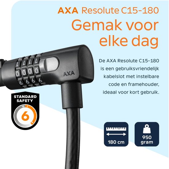 AXA Resolute C15/180 - Kabelslot - Slot voor Fietsen - Code - Gebruiksvriendelijk - 180 cm lang - Diameter 15 mm - Zwart van AXA — afbeelding 4