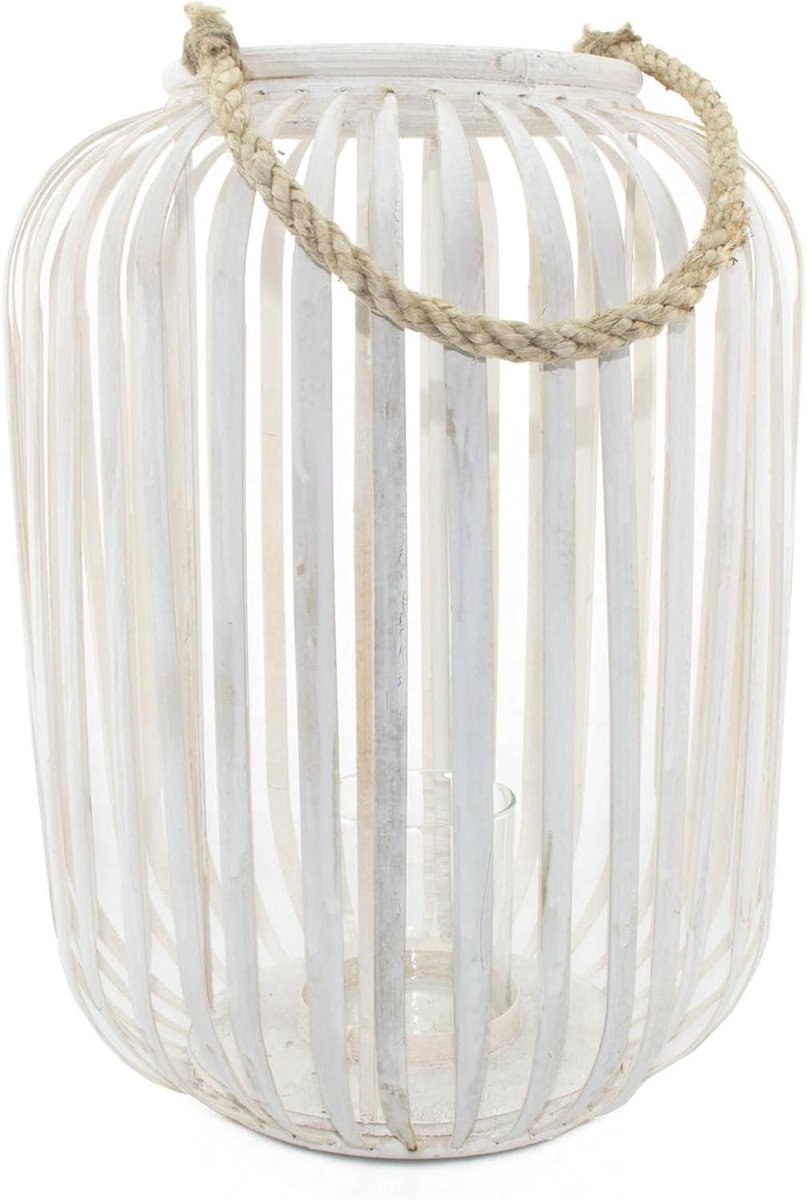 Bamboe Lantaarn - Windlicht Hout - Sfeerverlichting Maken - Handgemaakt Duurzaam - 42 cm Hoog - Wit