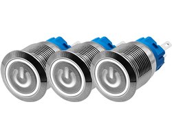 ProRide Drukschakelaar ON-OFF 12V/24V - 19mm Metaal - Waterdicht - LED Ring Wit - 3 stuks
