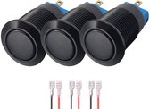 ProRide Mini Drukschakelaar ON-OFF - 12mm Metaal - 12V/24V - Platte Knop - Met Kabels - Zwart - 3 stuks