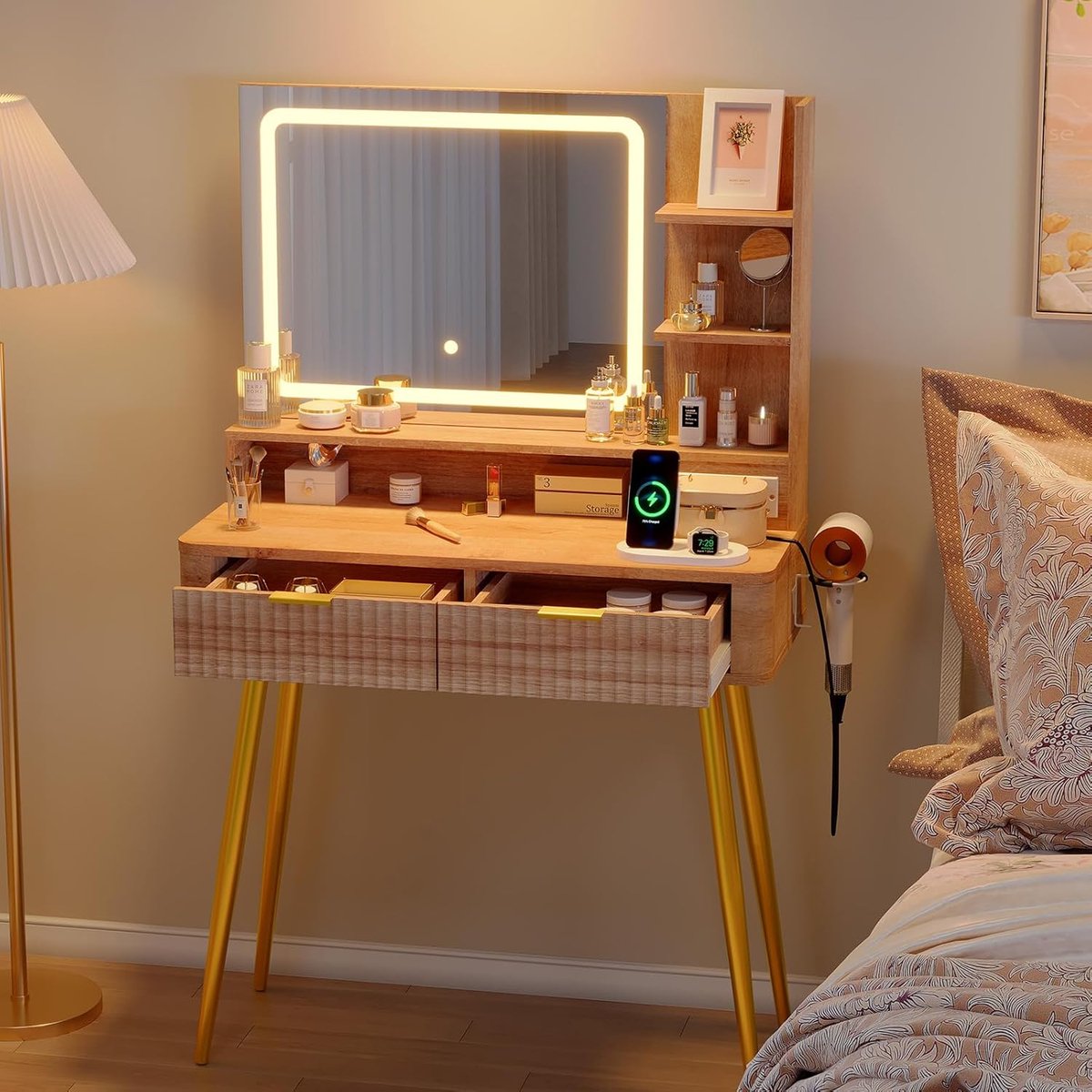 Kaptafel met spiegel en verlichting, hoekkaptafel met opbergruimte, 2 lades, 3 verlichtingsstanden, make-up voor de slaapkamer, natuurlijke houtkleur