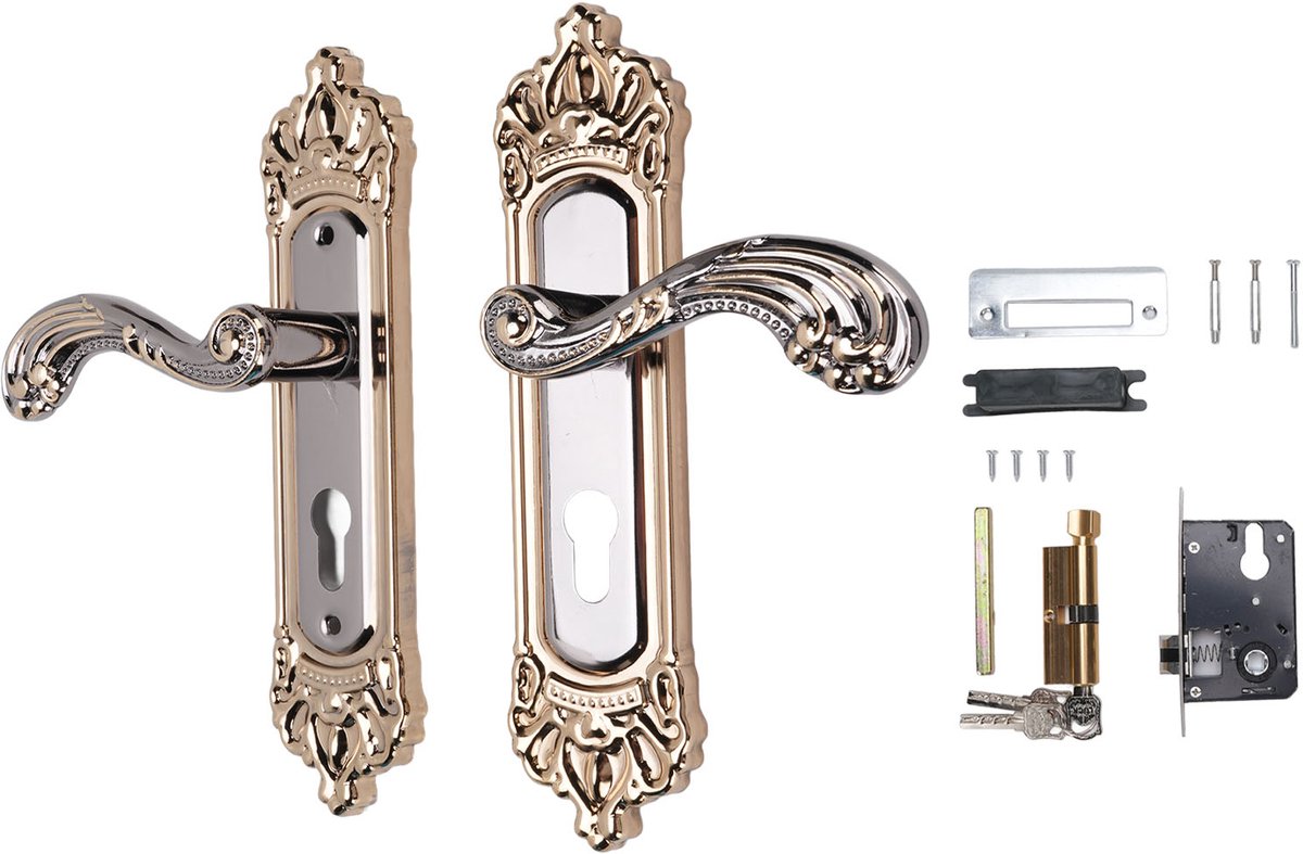Deurslot set - Binnendeurslot - Deurklink met slot - Slaapkamerdeurklink met slot - Deurslot met sleutel - Universeel binnendeurslot - Poortslot - Steekmaat / centerafstand ca. 60 mm - Complete set - Goud + Pistoletkleur