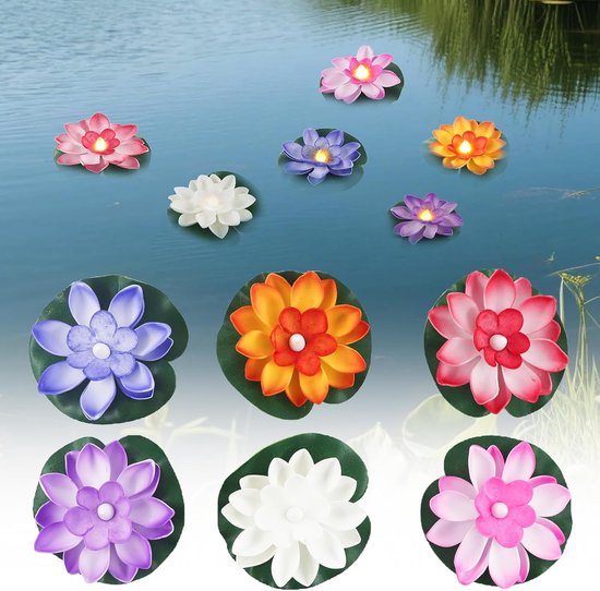 Fleurs flottantes de diverses couleurs : rose, violet, blanc, orange, rouge et rose-blanc. Illuminées d'une douce lueur.