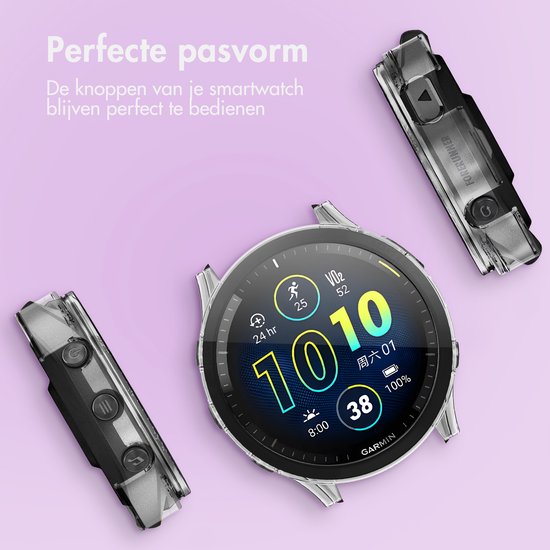 Twee transparante beschermhoezen, één voor een zwarte Garmin Forerunner 965 met felgeel bandje, en een losse hoes.