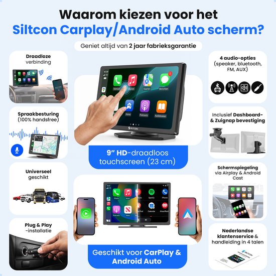 Overzicht van Siltcon Carplay/Android Auto scherm: 9" HD draadloos touchscreen, spraakbesturing, universeel, plug & play, 4 audio-opties, schermspiegeling.