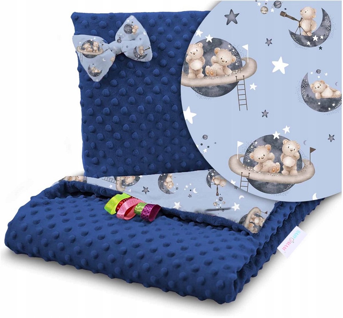 Minky Deken & Kussen Set 75x100 cm - Blauw met Beer