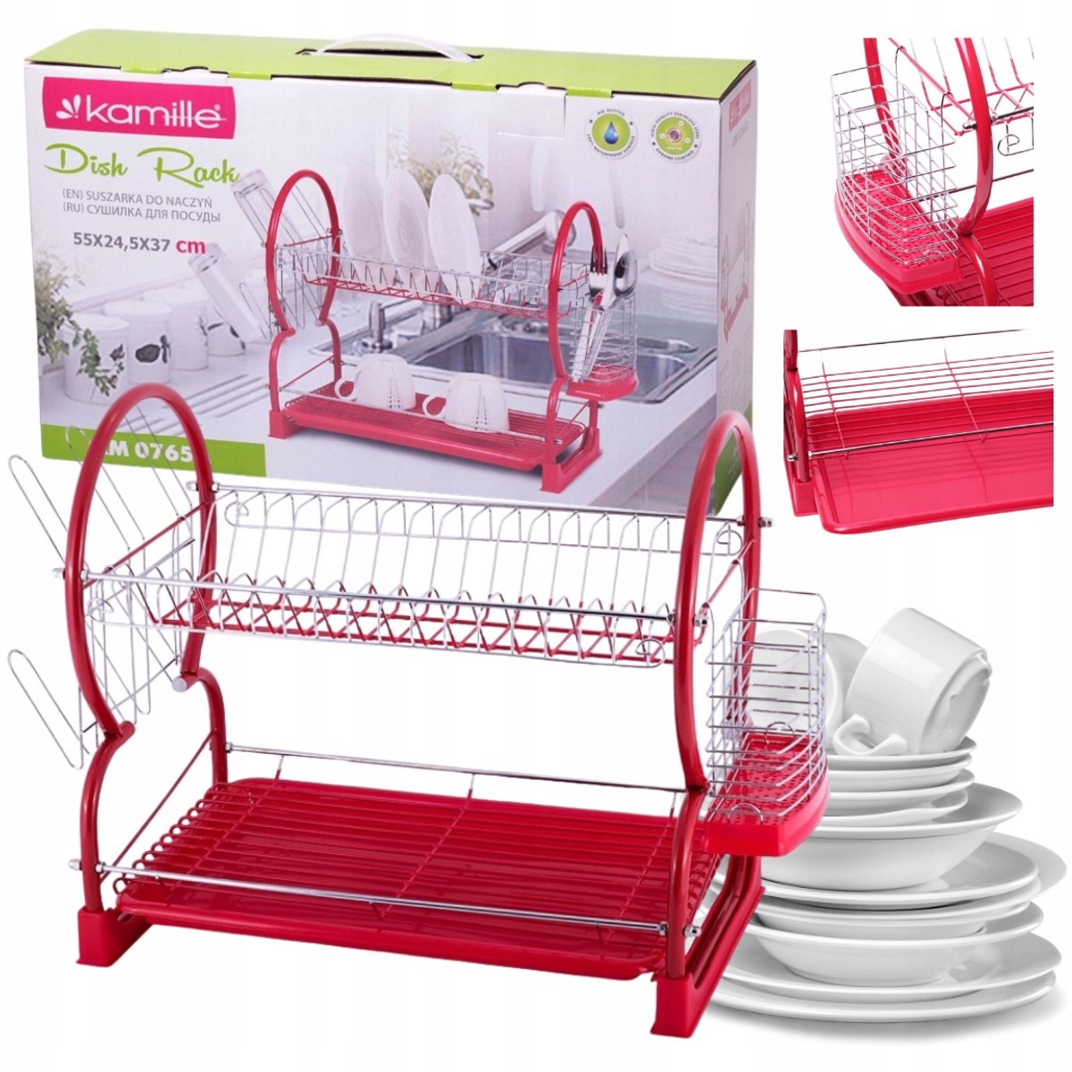 Kamille Afdruiprek Keuken - 2 niveaus, Rood, met Bestekhouder