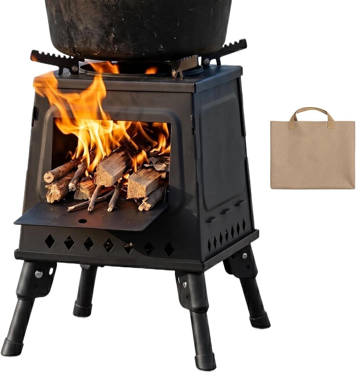 Draagbare Houtkachel - Buitenverwarmer Kooktoestel - Buiten Koken Grillen - Geoptimaliseerd Verbrandingssysteem - 22 x 22 x 14 cm - Zwart