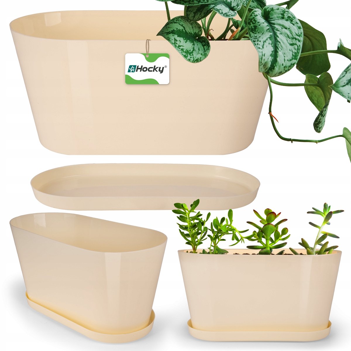 Ovale Plantenbak met Schotel 27cm - Stijlvol & Duurzaam - Crème