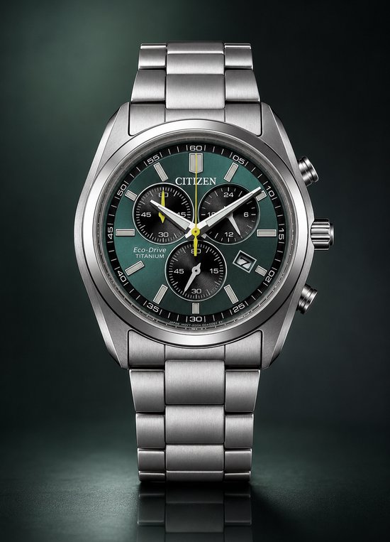 Zilverkleurig Citizen Eco-Drive Titanium horloge met groene wijzerplaat en chronograaf, op een donkere achtergrond.