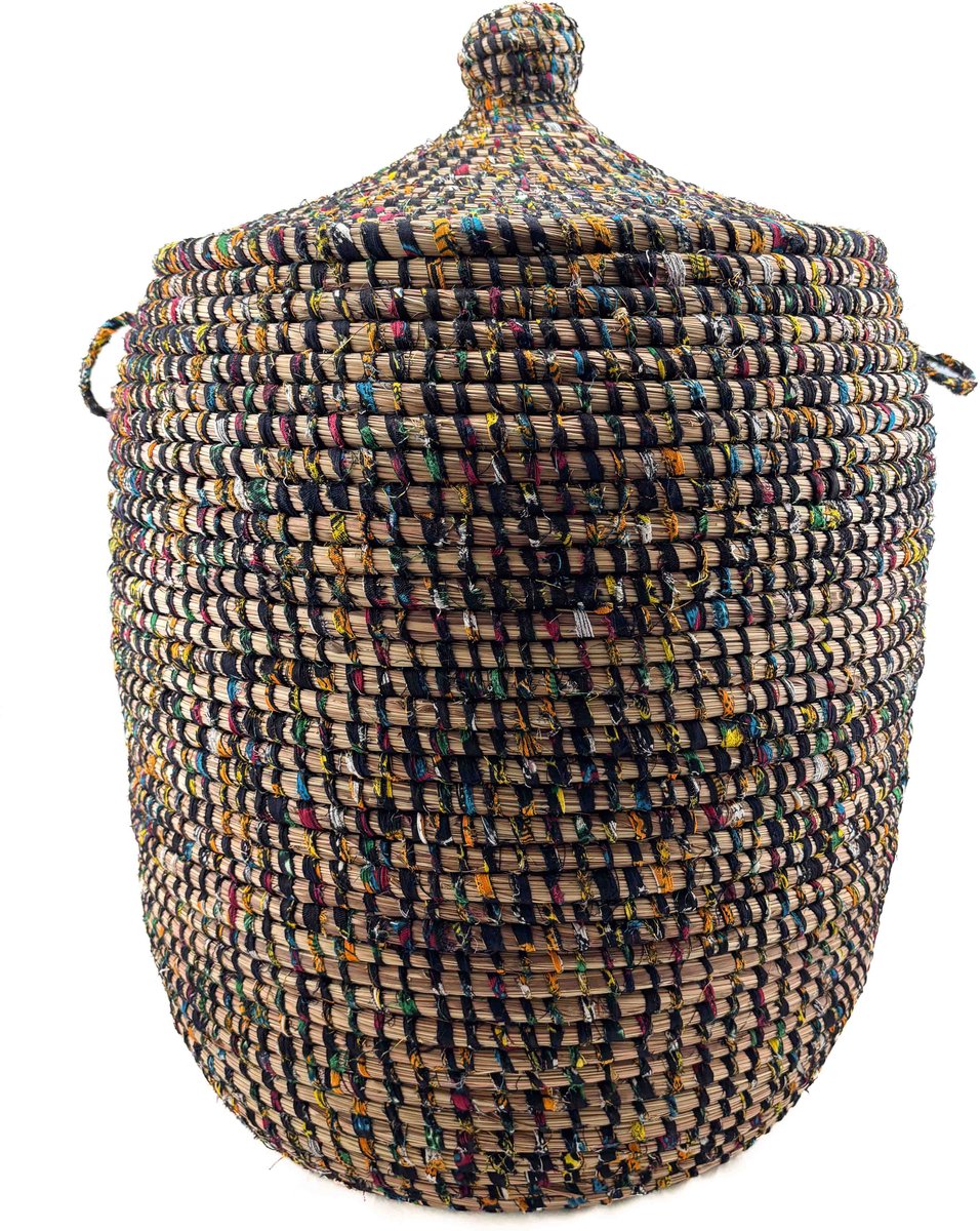 Rieten mand met deksel traditionele vorm multicolour - Large - H 80 cm