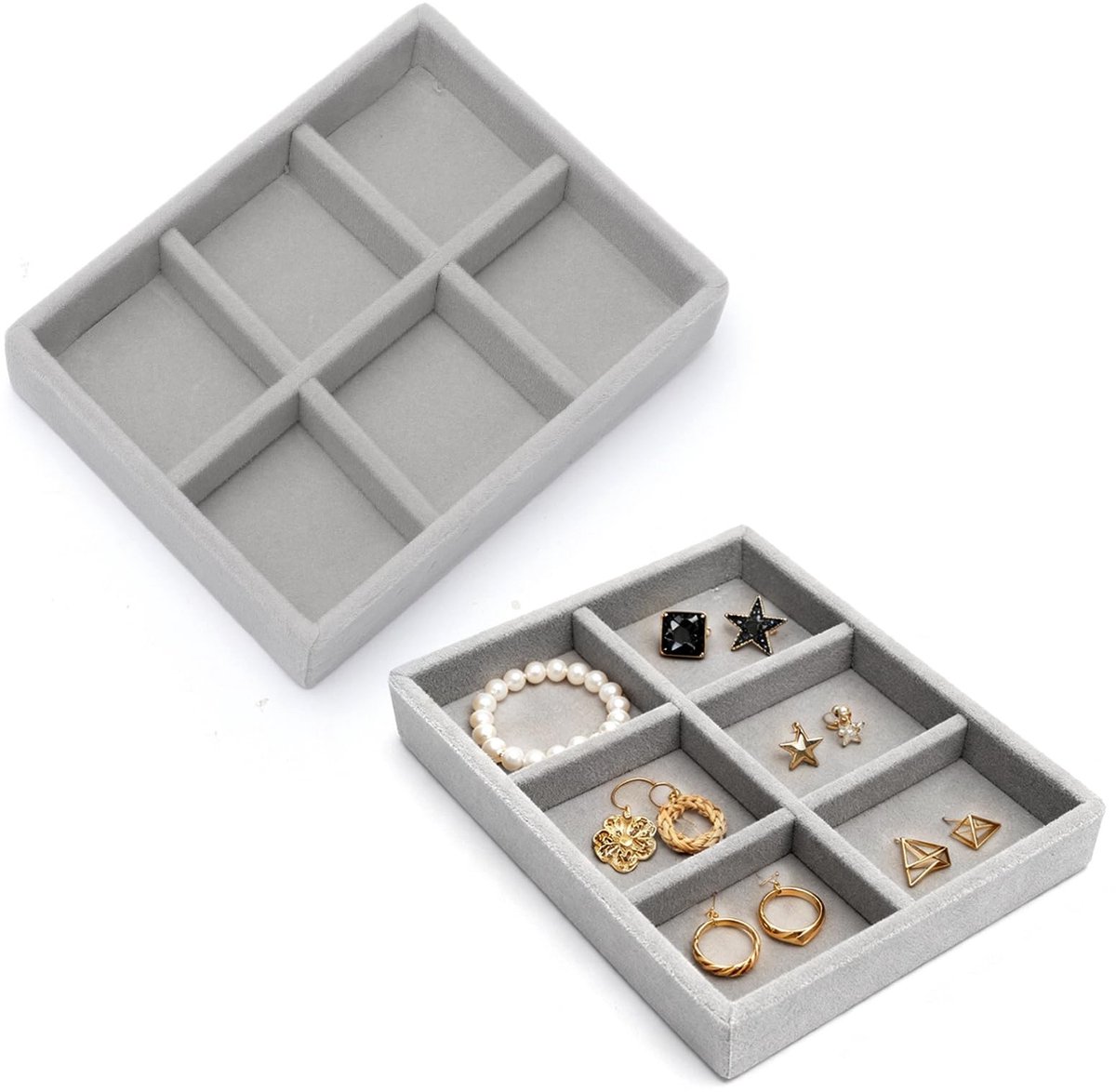 Dailygoods- Sieradendienblad Klein - Sieradenorganizer - Fluwelen Inzetstuk - 6 Vakken - Mini - Grijs - Sieradenopberger