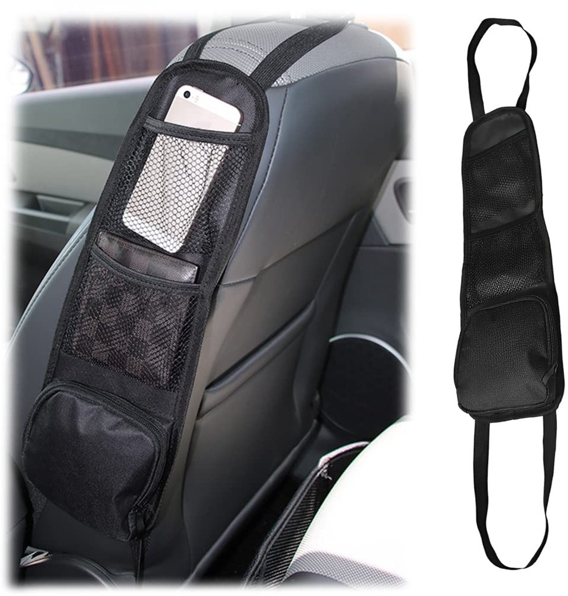 JHUBERS- Autostoelorganizer Opvouwbaar - Waterdichte Opbergtas - 3 Vakken - Zwart - 600D Oxford-Stof - Draagbare Installatie - Auto-opbergtas