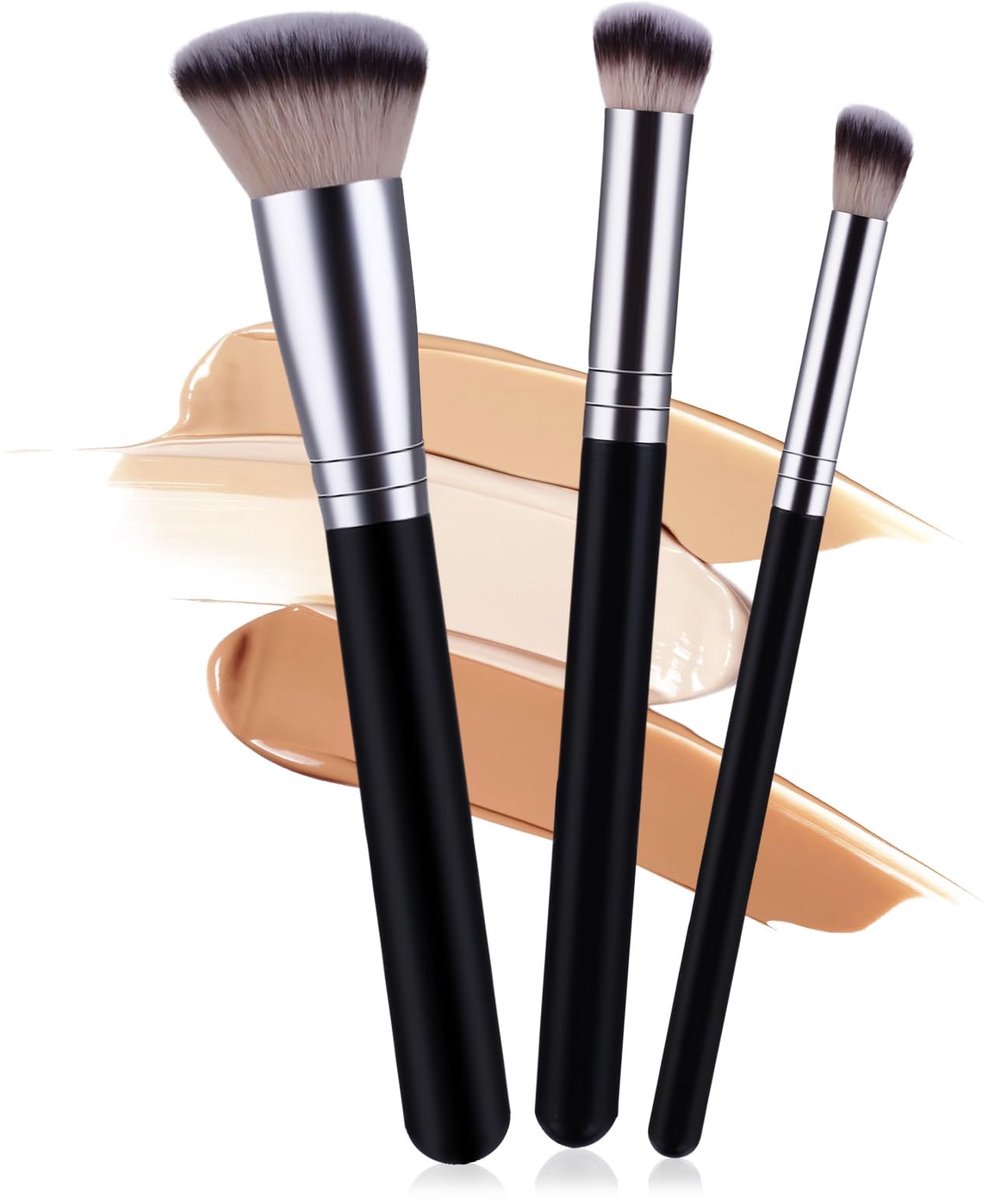 ZEYNOMAX- Make-upkwasten Set - 3 Stuks Professionele Synthetische Vezels - Foundationkwast - Concealerkwasten - Houten/Kunststof Handvat - Perfect voor Dagelijkse Make-up - Make-upborstels