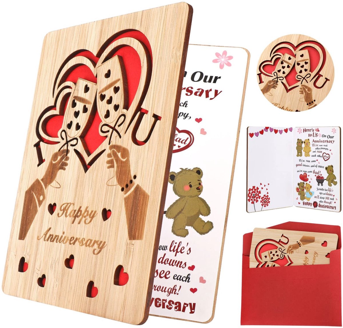 JHUBERS- Verjaardagskaart Houten Bamboe - Gelukkige Verjaardagskaarten - Valentijnskaarten - Jubileumkaart met Rode Envelop - Unieke Houtnerf - Duurzaam Aandenken - Wenskaart