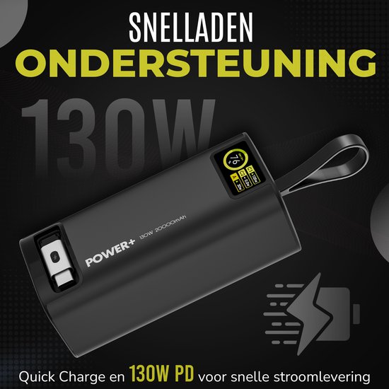 Zwarte powerbank met 130W PD snelladen, 20000mAh capaciteit en LED display.