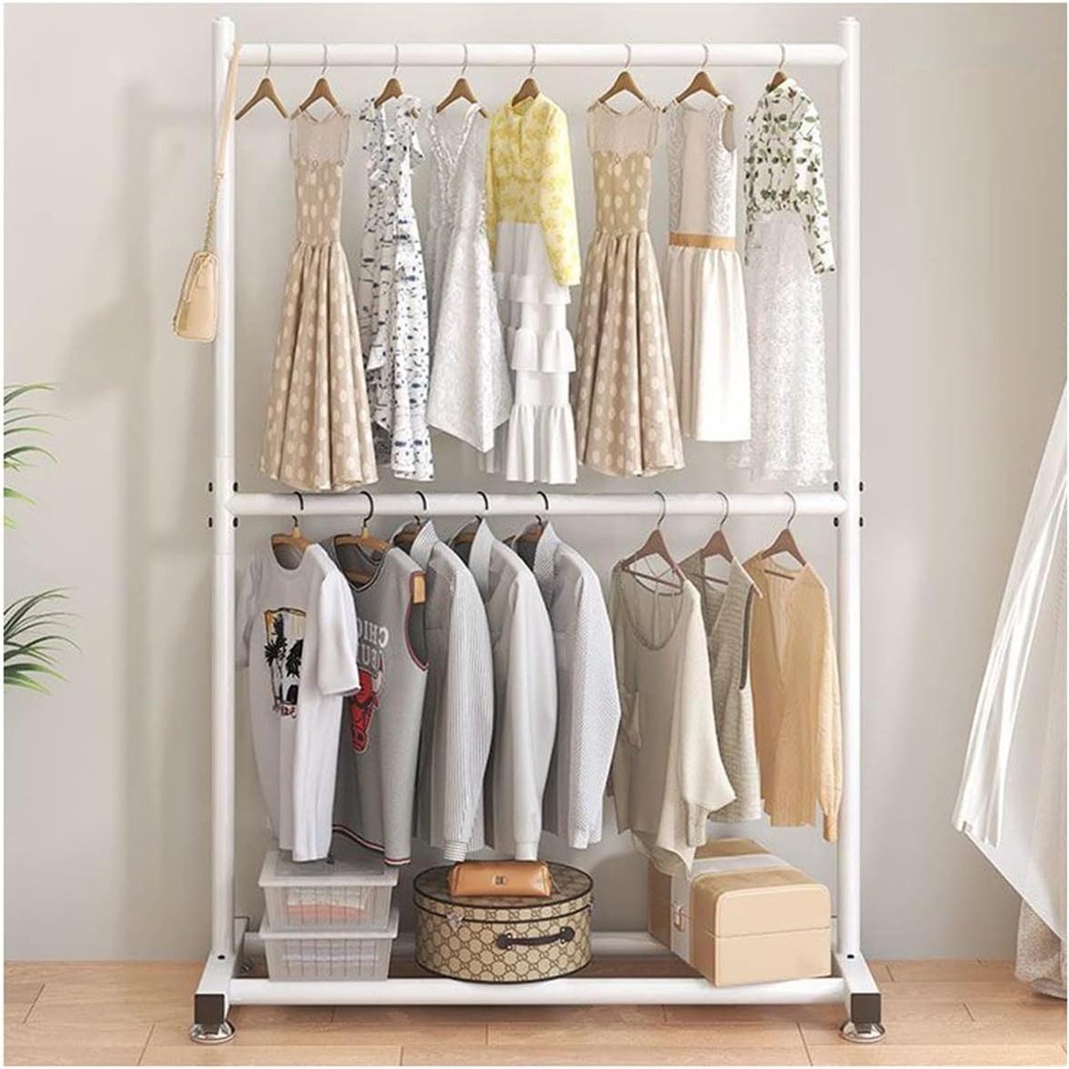 Dubbele Kapstok - Kledingrek - Kleding Opbergen - Met Schoenrek - 100 cm - Wit