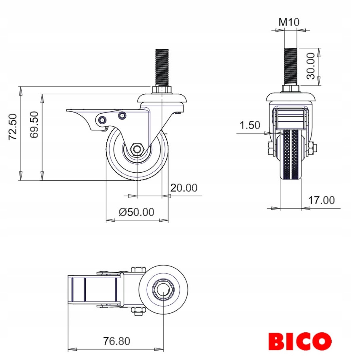 Zwenkbaar wiel met rem, 50mm, M10 schroefdraad, TPR, grijs