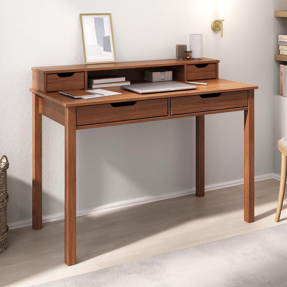 Bureau met 4 Laden en Opzetstuk 114 x 54 x 87 cm Massief Grenenhout Kastanje Bruin Thuiskantoor Computerbureau Werkbureau Schrijftafel met Opbergruimte - Mobili Bella