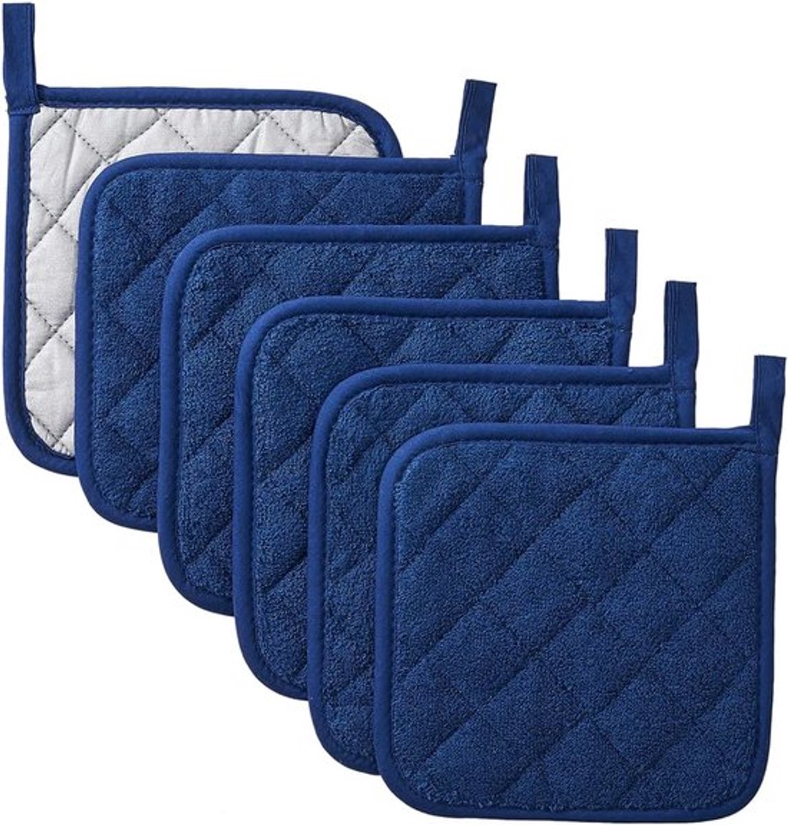 Set van 6 hittebestendige matten – Inclusief zilvergecoate ovenwanten, vierkante placemats, anti-verbrandingsmatten, hittebestendige onderzetters en warmte-isolerende pads – Ideaal voor koken en bakken – Blauw