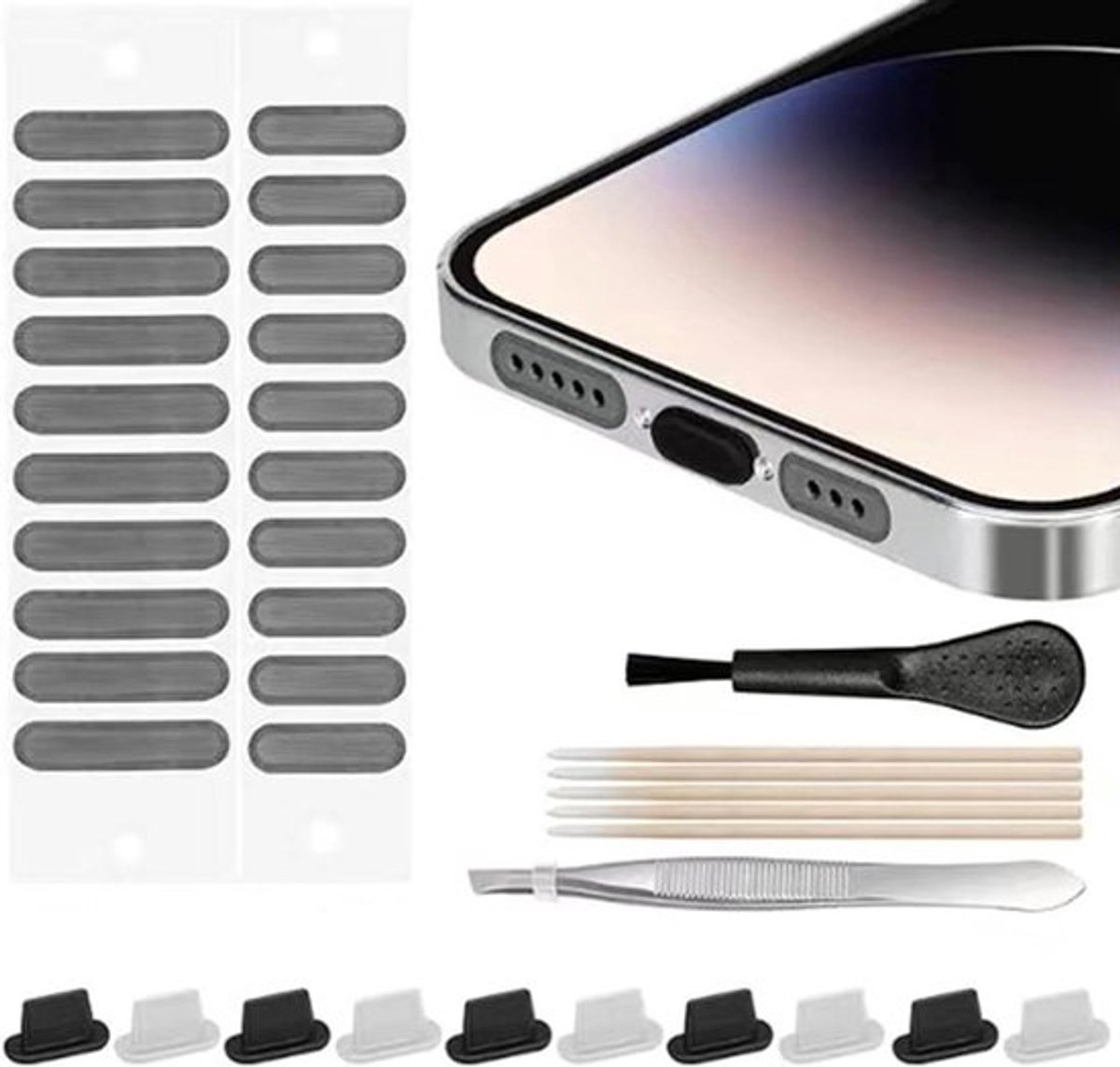 Mobiele telefoon stofbeschermingsset voor iPhone en USB-C, 37 stuks, luidspreker bescherming, reinigingsgereedschap