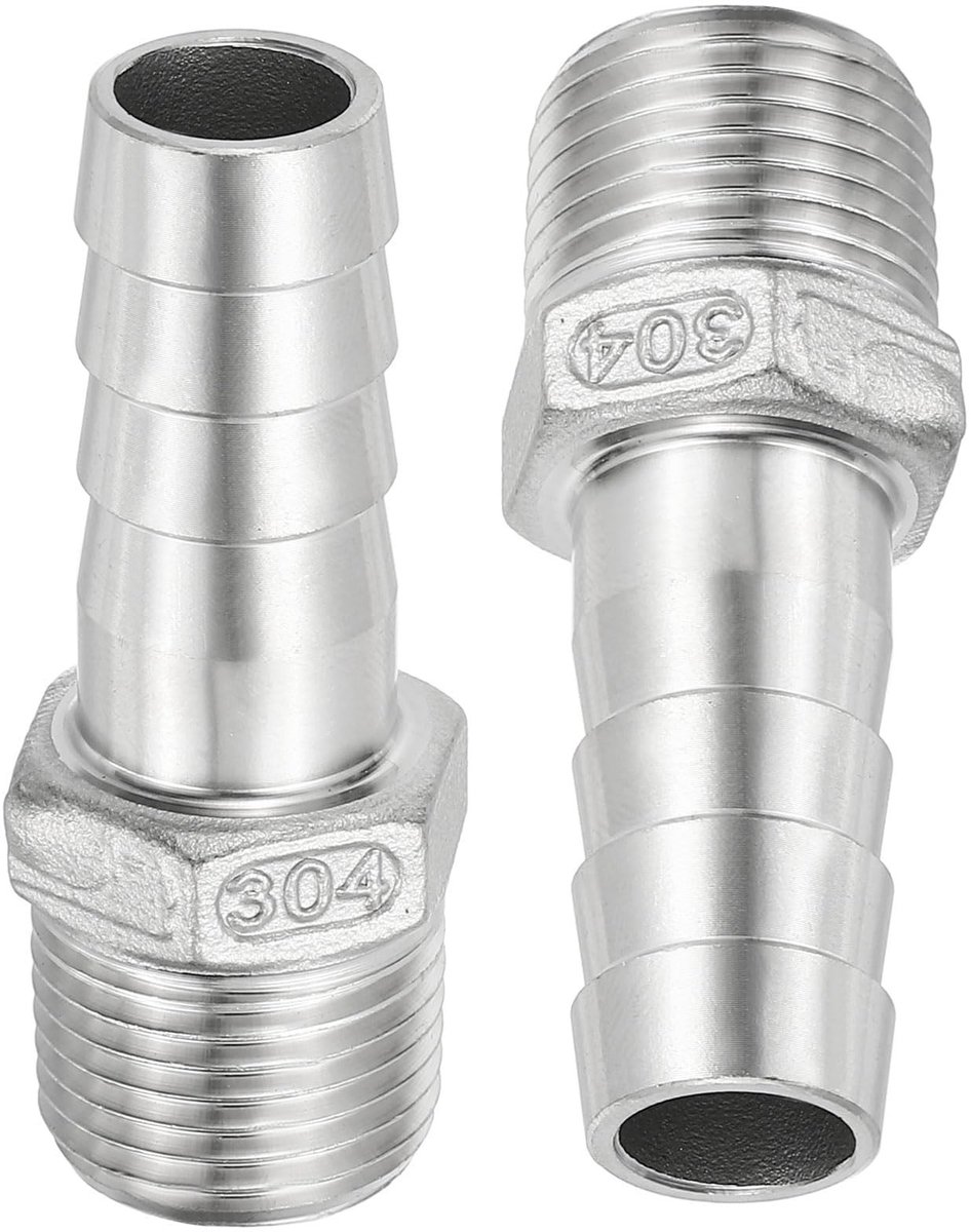 Dailygoods- Slangkoppeling 16 mm - 1/2 inch NPT - 2 Stuks - Roestvrij Staal - Weerhaak - Corrosiebestendig - Pijpfitting