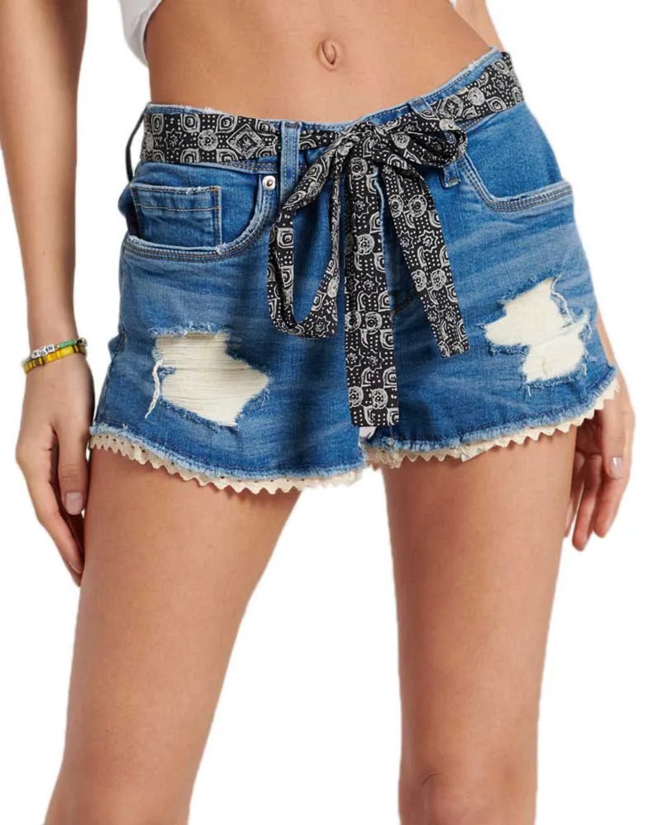 Superdry Lace hotshort Dames Jeans shorts Mid Indigo Destroy