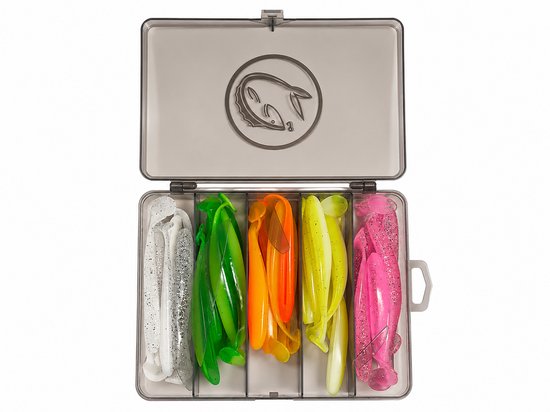 Open tacklebox met 12cm kunstaas: witte, groene, oranje, gele en roze shads.