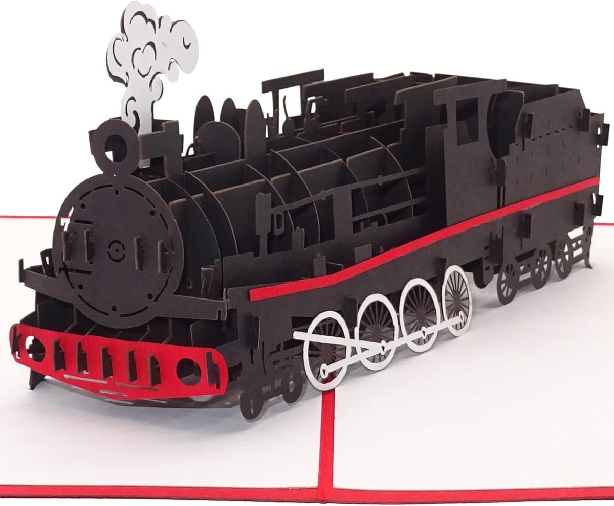 Pop Up Kaart - 3D Vouwkaart - Verjaardag Vieren - Met Stoomlocomotief - 15 x 20 cm - Rood